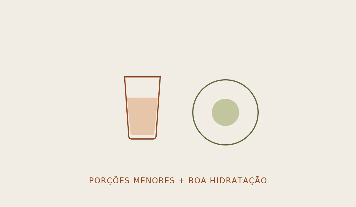 Ilustração de porções menores e hidratação para conforto digestivo
